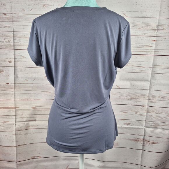Tahari Faux Wrap Stretch Side Tie Blouse Size Medium Steel Blue Coquette Office - Picture 5 of 14